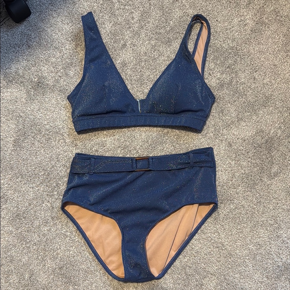 Blue High Waisted Bikini Set with Triangle Top